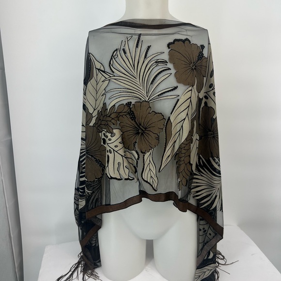 Kokomo Unlimited Poncho shawl side Button Fringe metallic Floral Sheer Poncho - Picture 2 of 10